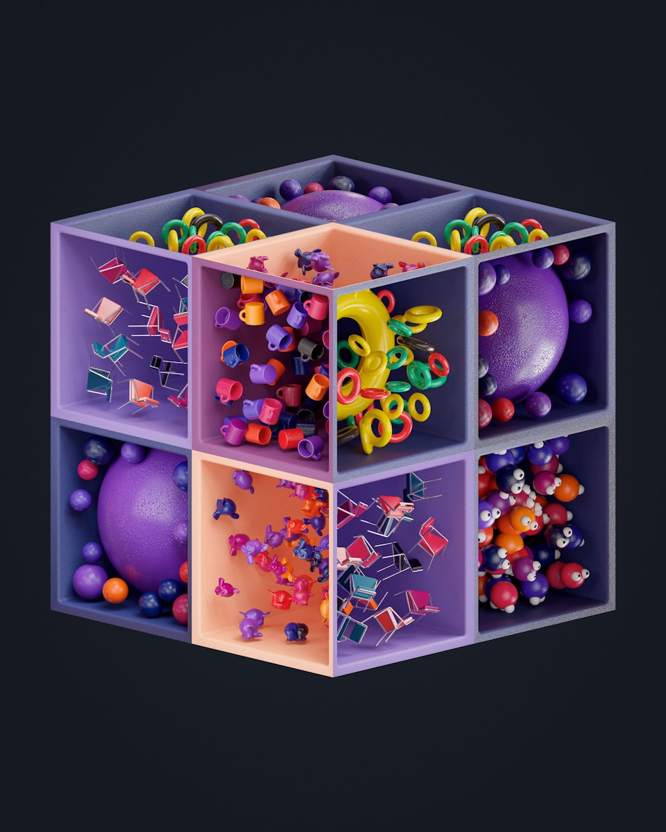 A cube with a bunch of balls inside of it