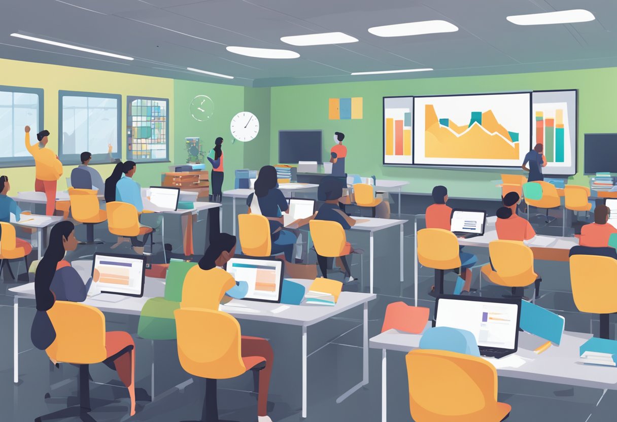 profesor w garniturze wskazuje na ekran z kodem podczas wykładu dla grupy uczniów